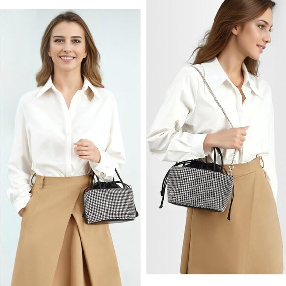 Small Rhinestone Evening Clutch Satin Bag with Chain for Party Prom Wedding - Picture 5 of 9